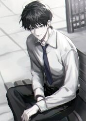  1boy bench black_eyes black_hair blue_necktie collared_shirt crossed_legs hands_on_lap highres kim_dokja light_smile looking_at_viewer male_focus narak necktie omniscient_reader&#039;s_viewpoint outdoors shirt short_hair sitting solo white_shirt 