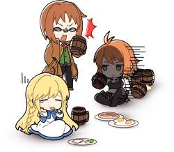  1boy 2girls alcohol antenna_hair artist_request beer belt black_boots black_gloves black_pants black_shorts blonde_hair blue_bow blue_dress boots bow braid brown_belt brown_coat brown_hair brown_sleeves chibi chibi_only closed_eyes closed_mouth coat collared_shirt crop_top cropped_shirt cup curtained_hair dress dress_bow egg food full_body glasses gloves green_vest holding holding_cup holding_spork lapels layered_sleeves legs_apart long_dress long_hair long_sleeves low-braided_long_hair low-tied_long_hair maximin_liebkne medium_hair mila_nebraska multiple_girls necktie nexon no_pupils no_sclera notched_lapels official_art open_mouth orange_hair pants plate rectangular_eyewear rectangular_mouth red_necktie second-party_source shirt short_over_long_sleeves short_sleeves shorts single_tear sitting skull_ornament spork standing steak surprised tales_weaver tankard tichiel_juspian twin_braids undershirt v-shaped_eyebrows vest waistcoat white_dress white_eyes white_shirt white_sleeves wing_collar 