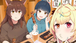  3girls :d :t ahoge alcohol animal_ears beer beer_mug black_hair blonde_hair blue_hair blue_nails blue_shirt brown_eyes brown_hair brown_shirt closed_mouth collared_shirt commentary_request cup dress_shirt eating food fumi_(nijisanji) hair_intakes hair_ornament hairclip heterochromia highres holding holding_food hoshikawa_sara indoors looking_at_viewer mug multicolored_hair multiple_girls nail_polish nijisanji o3o orihimeboshi_(nijisanji) red_eyes shirt skewer smile two-tone_hair v v_over_mouth virtual_youtuber x_hair_ornament yamagami_karuta yowayowap 