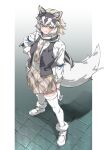  1girl animal_ear_fluff animal_ears blonde_hair blush collared_shirt commentary eastern_wolf_(kemono_friends) from_above full_body gloves grey_eyes grey_hair grey_necktie grey_scarf grey_skirt grey_vest hair_between_eyes hand_on_own_hip highres kemono_friends legs_apart long_sleeves looking_at_viewer multicolored_hair necktie open_clothes open_vest plaid plaid_necktie plaid_skirt pleated_skirt scarf shirt short_hair sidelocks skirt smile solo standing tail tanabe_(fueisei) thigh-highs two-tone_scarf vest white_gloves white_hair white_scarf white_shirt white_thighhighs wolf_ears wolf_girl wolf_tail zettai_ryouiki 