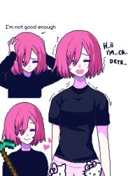  1girl black_shirt breasts cadete_(pixelcadete) closed_eyes closed_mouth commentary english_commentary english_text facing_viewer fang hair_over_one_eye hands_on_own_head heart hello_kitty hello_kitty_(character) hello_kitty_print highres long_sleeves minecraft_pickaxe multiple_views open_mouth original parted_bangs pickaxe pink_hair pixel_art pixelcadete sanrio shirt short_hair short_sleeves simple_background skin_fang small_breasts small_sweatdrop smile talking trembling white_background 