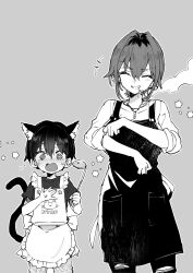  1boy 1girl animal_ear_fluff animal_ears animal_print apron blush cat_ears cat_print child closed_eyes greyscale highres holding holding_ladle ladle monochrome morishima_kon open_mouth original shirt short_hair sleeves_rolled_up smile smoking star_(symbol) sweat 