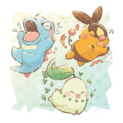  blush bubble chikorita closed_eyes commentary_request fire highres leaf musical_note no_humans open_mouth pokemon pokemon_(creature) smile temariame14 tepig totodile twitter_username water_drop 