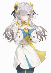  1girl black_pantyhose closed_mouth coat_dress cowboy_shot doran_(doran7280) dress flower grey_eyes grey_hair hair_flower hair_ornament hair_over_one_eye hands_on_own_chest hands_up highres isekaijoucho kamitsubaki_studio long_bangs long_hair long_sleeves looking_at_viewer one_eye_covered own_hands_together pantyhose short_dress simple_background solo standing sunflower swept_bangs turtleneck turtleneck_dress virtual_youtuber w_arms white_background white_dress yellow_dress yellow_flower 