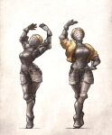  2girls alternate_universe armor atomic_heart blonde_hair boobplate braid crest crown_braid cuisses dancing full_armor gold_jacket highres ironlily knight left_(atomic_heart) medieval multiple_girls plate_armor right_(atomic_heart) short_hair siblings sisters twins 