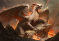  1boy absurdres claws dragon fantasy fire giant giant_monster highres holding holding_sword holding_weapon monster monster_focus open_mouth orange_eyes original outdoors realistic reixart sharp_teeth sword tail teeth warrior weapon western_dragon wings 