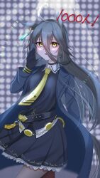  1girl animal_ears belt black_belt black_choker black_coat black_gloves black_hair black_skirt black_vest choker coat collared_shirt ear_ornament ear_tag earrings gloves grey_pantyhose hand_up hem_peeking_out highres horse_ears horse_girl jewelry long_hair long_sleeves looking_at_viewer manhattan_cafe_(umamusume) milestone_celebration necktie open_clothes open_coat open_mouth pantyhose pleated_skirt sango0707315 shirt single_ear_down single_earring skirt solo stage_lights umamusume very_long_hair vest white_shirt yellow_necktie 