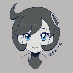  1girl :3 blue_eyes character_name closed_mouth commentary_request emma_(pokemon) grey_background hair_ornament looking_at_viewer pokemon pokemon_legends:_z-a portrait ring_hair_ornament shiogi_(riza_49) short_hair simple_background smile solo spot_color 
