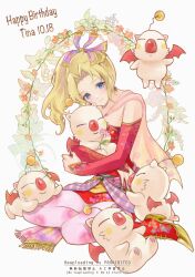  1girl blonde_hair blue_eyes boots character_name creature crossed_arms dated detached_sleeves dress earrings final_fantasy final_fantasy_vi floral_print_pantyhose flower full_body gold_trim hair_bobbles hair_ornament hair_ribbon happy_birthday highres holding holding_creature holding_flower jewelry kneeling light_blush light_smile long_hair moogle parted_bangs pink_flower ponytail purple_ribbon quichi_91 red_boots red_dress red_sleeves ribbon sash short_dress terra_branford waist_sash 