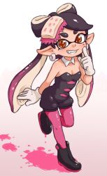  1girl ankle_boots bare_shoulders beachepisode black_boots black_hair black_jumpsuit boots bow-shaped_hair breasts callie_(splatoon) collar commentary cross-shaped_pupils detached_collar earrings english_commentary fangs full_body gloves gradient_hair grin highres inkling jewelry jumpsuit long_hair looking_at_viewer mole mole_under_eye multicolored_hair orange_eyes pantyhose pink_hair pink_pantyhose pointy_ears short_jumpsuit small_breasts smile solo splatoon_(series) standing standing_on_one_leg symbol-shaped_pupils tentacle_hair twintails two-tone_hair white_collar white_gloves 