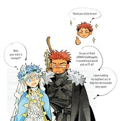  308albi 3boys black_cape blue_cloak blue_eyes bow cape cloak closed_eyes elden_ring english_text eyelashes facial_tattoo flower_wreath fur-trimmed_cape fur_trim gojou_satoru highres itadori_yuuji jujutsu_kaisen multiple_boys orange_eyes quiver red_hair ryoumen_sukuna_(jujutsu_kaisen) sparkle tattoo thumbs_up upper_body white_hair 