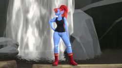  1girl 2018 3d animated animated_gif anthro bad_id bad_tumblr_id black_eyepatch black_tank_top blue_pants blue_skin boots colored_skin digital_media ear_fins eyepatch female female_only fighting_stance fins fish fish_girl full_body head_fins high_ponytail holding holding_polearm holding_spear holding_weapon inactive_account large_filesize long_hair monster monster_girl outdoors pants polearm ponytail red_boots red_hair sharp_teeth slit_pupils solo source_filmmaker_(medium) spear standing tank_top teeth undertale undyne utdr_(toby_fox) uwotinfokm8 water waterfall weapon yellow_eyes yellow_teeth 