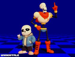  2025 2boys 3d armor black_shorts blue_background blue_jacket blue_shorts boots brothers cape checkered checkered_floor closed_eyes copyright_name digital_media drawstring duo floor full_body fur-trimmed_jacket fur_trim gloves hand_in_pocket hand_on_own_hip height_difference highres hollow_eyes humanoid index_finger_raised jacket josugomez male male_focus male_only mikumikudance_(medium) monster monster_boy multiple_boys open_clothes open_jacket open_mouth papyrus_(undertale) pink_slippers red_boots red_cape red_gloves sans_(undertale) shirt shorts siblings side-by-side simple_background single_vertical_stripe skeleton slippers socks standing striped_shorts teeth text undead undertale utdr_(toby_fox) vertical-striped_clothes vertical-striped_shorts white_armor white_shirt white_socks white_stripes 