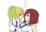  2girls ayase_eli blonde_hair blue_eyes blue_necktie blush breasts commentary_request eye_contact kashikaze long_hair looking_at_another love_live! love_live!_school_idol_project medium_breasts medium_hair multiple_girls necktie necktie_grab neckwear_grab nishikino_maki open_mouth parted_lips ponytail redhead sailor_collar shirt simple_background sleeveless sleeveless_shirt speech_bubble sweatdrop teeth translated upper_body upper_teeth_only violet_eyes white_background white_sailor_collar white_shirt yuri 