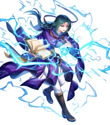 1boy attack black_hair book energy_ball facial_mark fire_emblem fire_emblem:_path_of_radiance forehead_mark highres lightning long_hair non-web_source official_alternate_costume official_art open_mouth ponytail purple_robe robe solo soren_(fire_emblem) soren_(isolated_strategist)_(fire_emblem) v-shaped_eyebrows 