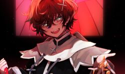  +_+ 1boy bishounen blood blood_on_hands coin english_commentary eyelashes gold_coin hair_between_eyes hair_ornament highres holostars holostars_english long_sleeves looking_at_viewer machina_x_flayon male_focus open_mouth reaching reaching_towards_viewer red_hair red_theme short_hair smile solo teeth tehnyo upper_body virtual_youtuber x_hair_ornament 