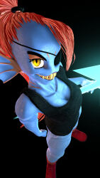  1girl 2018 3d anthro bad_id bad_tumblr_id black_background black_eyepatch black_tank_top blue_pants blue_skin boots colored_skin dark_background digital_media ear_fins eyepatch female female_only fins fish fish_girl from_above full_body head_fins high_ponytail inactive_account long_hair monster monster_girl pants ponytail red_boots red_hair sharp_teeth simple_background slit_pupils solo source_filmmaker_(medium) standing tank_top teeth undertale undyne utdr_(toby_fox) uwotinfokm8 yellow_eyes yellow_teeth 