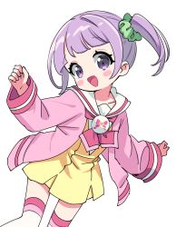  1girl :d absurdres blush_stickers cardigan commentary_request cowboy_shot dress green_scrunchie hair_ornament hair_scrunchie highres long_sleeves looking_at_viewer manaka_non manaka_non_(normal) neckerchief open_cardigan open_clothes open_mouth paprika_private_academy_school_uniform pink_cardigan pink_neckerchief pink_thighhighs pleated_dress pretty_series pripara purple_hair sailor_collar school_uniform scrunchie short_hair side_ponytail simple_background smile solo striped_clothes striped_thighhighs sukoyaka_(100hituzi) thigh-highs two-tone_thighhighs violet_eyes white_background white_sailor_collar white_thighhighs yellow_dress 