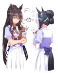  ... 2girls animal_ears arrow_(symbol) black_hair braid braided_bun brown_hair character_doll cropped_legs english_text green_eyes hair_bun hair_ornament horse_ears horse_girl horse_tail hugging_doll hugging_object long_hair mejiro_ardan_(umamusume) mejiro_ramonu_(umamusume) multicolored_hair multiple_girls notice_lines purple_shirt romi_(346_ura) sailor_collar school_uniform shirt short_hair short_sleeves simple_background skirt split_ponytail spoken_ellipsis streaked_hair symboli_kris_s_(umamusume) symboli_rudolf_(umamusume) tail tracen_school_uniform translation_request umamusume white_background white_skirt 