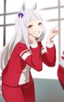  150ml 2girls animal_ears blunt_bangs blurry bow depth_of_field ear_bow from_side gold_ship_(umamusume) grey_hair horse_ears horse_girl horse_tail jacket long_hair looking_at_viewer multiple_girls pants red_jacket red_pants red_track_suit smile solo_focus tail tracen_training_uniform track_jacket track_pants umamusume violet_eyes 