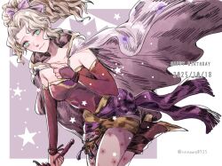  1girl blonde_hair boots border bow breasts cape closed_mouth cowboy_shot dated detached_sleeves dress final_fantasy final_fantasy_vi floral_print_pantyhose gold_trim green_eyes hair_bow hand_on_own_chest happy_birthday holding holding_sword holding_weapon light_blush light_smile medium_breasts nnnmmg0725 parted_bangs pink_background pink_bow pink_cape ponytail red_boots red_dress red_sleeves sash short_dress solo strapless strapless_dress sword terra_branford tube_dress twintails waist_sash wavy_hair weapon white_border 