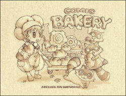  1girl apron artist_name baggy_pants blinking_inside_eyes chef_hat closed_eyes collar comic_bakery commentary_request copyright_name dated_commentary food frilled_collar frills gears genderswap genderswap_(mtf) gloves hat high-waist_pants holding holding_bread holding_food konami korean_commentary legs_apart looking_at_viewer lowres open_mouth pants paw_print pocket raccoon short_hair sidelocks socks standing striped_tail tail teeth tiv traditional_media upper_teeth_only v-shaped_eyebrows waist_apron wheel yellow_background yellow_theme 