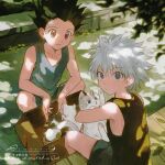  2boys animal black_hair black_tank_top blue_eyes box brown_eyes cardboard_box cat closed_mouth dappled_sunlight day gon_freecss grey_hair hair_between_eyes holding holding_animal holding_cat hunter_x_hunter kiko killua_zoldyck kitten leaf looking_at_viewer male_focus multiple_boys outdoors shorts sitting sleeveless spiky_hair squatting sunlight sweat tank_top white_hair 