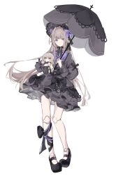  1girl absurdres black_bonnet black_bow black_ribbon black_shoes black_umbrella blunt_bangs bonnet bow brown_hair character_doll closed_mouth commentary_request cross doll doll_joints dress expressionless flower frilled_bonnet frills full_body gothic_lolita grey_dress herta_(honkai:_star_rail) herta_(puppet)_(honkai:_star_rail) highres holding holding_doll holding_umbrella honkai:_star_rail honkai_(series) joints key lolita_fashion long_hair looking_to_the_side mary_janes objectification purple_bow purple_flower ren_(renjiyu) ribbon shoes sidelocks simple_background standing stelle_(honkai:_star_rail) trailblazer_(honkai:_star_rail) umbrella very_long_hair violet_eyes white_background 
