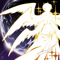  2boys black_hair censored censored_identity coat color_contrast demon_horns feathered_wings from_behind ginsan horns kim_dokja male_focus moon multiple_boys multiple_wings official_alternate_costume omniscient_reader&#039;s_viewpoint scar scar_on_face short_hair solo sparkle white_coat white_hair wings yoo_joonghyuk 