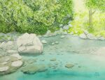  bush highres naoy_watercolor no_humans original painting_(medium) pond rock scenery shadow sunlight traditional_media tree water watercolor_(medium) 