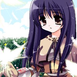  1girl 2000s_(style) bad_id blue_sky brown_capelet brown_dress brown_eyes brown_gloves bush capelet chest_guard clouds day dress emily_(pure_dream) feathers gloves long_hair lowres oekaki outdoors purple_hair ragnarok_online signature sky solo swordsman_(ragnarok_online) upper_body 