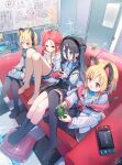  &lt;key&gt;_(robot)_(blue_archive) 4girls absurdly_long_hair animal_ear_headphones animal_ears aris_(blue_archive) black_skirt black_socks black_thighhighs blue_archive blue_eyes blue_necktie blush collared_shirt controller fake_animal_ears game_controller game_development_department_(blue_archive) green_eyes halo handheld_game_console headphones highres holding holding_controller holding_game_controller indoors jacket long_hair long_sleeves midori_(blue_archive) momoi_(blue_archive) multiple_girls necktie nishi_yasuaki pleated_skirt red_eyes ringed_eyes shirt short_hair siblings sisters skirt socks thigh-highs twins very_long_hair white_jacket white_shirt yellow_halo yuuka_(blue_archive) yuzu_(blue_archive) 