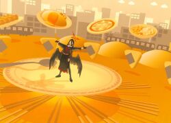  1girl :d absurdres black_choker black_gloves black_hair black_sailor_collar black_shirt black_shoes black_skirt black_thighhighs black_wings blue_archive blunt_bangs breasts choker city clouds commentary_request curry dumpling feathered_wings floating_food food garter_belt garter_straps gloves hair_between_eyes hair_ornament hasumi_(blue_archive) highres jiaozi large_breasts long_bangs long_hair long_skirt low_wings necktie no_choker omelet omurice onigiri open_mouth outstretched_arms oversized_food oversized_object oversized_wings pizza plate red_necktie sailor_collar shirt shoes side_slit skirt sleeves_past_wrists smile spoon standing thigh-highs train wings yc97 