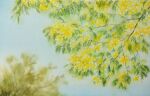  blurry blurry_background branch flower highres mimosa_(flower) naoy_watercolor no_humans original painting_(medium) realistic still_life traditional_media tree watercolor_(medium) yellow_flower 
