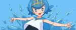  1girl :d blue_background blue_eyes blue_hair blue_sailor_collar blush bright_pupils commentary_request freckles hairband lana_(pokemon) looking_at_viewer no_sclera okimiyage one-piece_swimsuit open_mouth outstretched_arms pokemon pokemon_(game) pokemon_sm sailor_collar shirt short_hair sleeveless sleeveless_shirt smile solo swimsuit swimsuit_under_clothes upper_body water white_pupils white_shirt yellow_hairband 
