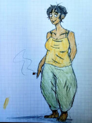  barefoot black_hair breasts dark-skinned_female dark_skin joint_(drug) large_breasts non-web_source original pants short_hair smile smoking tank_top thick_eyebrows 