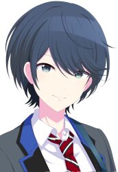  1boy black_eyes black_hair collared_shirt commentary diagonal-striped_clothes diagonal-striped_necktie english_commentary eyes_visible_through_hair genderswap genderswap_(ftm) highres hoshino_ichika_(project_sekai) lapels layered_clothes looking_at_viewer male_focus miyotastic necktie notched_lapels project_sekai shirt short_hair simple_background smile solo split_mouth striped_clothes upper_body white_background 