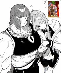  2girls arm_hug biceps chain chain_necklace dougi greyscale highres jewelry leaning_on_person manon_legrand marisa_(street_fighter) monochrome multiple_girls muscular muscular_female necklace reference_inset short_hair short_hair_with_long_locks simple_background smile street_fighter street_fighter_6 tall_female trnnmnm4 yuri 