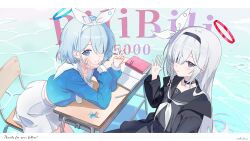  2girls absurdres ankry arona_(blue_archive) black_choker black_coat black_hairband black_sailor_collar blue_archive blue_eyes blue_hair book braid chair chinese_commentary choker closed_mouth coat collarbone commentary_request desk english_text grey_eyes grey_hair hair_over_one_eye hairband halo head_rest highres letterboxed long_hair long_sleeves looking_at_viewer milestone_celebration multiple_girls neckerchief open_book origami paper_crane pen plana_(blue_archive) sailor_collar school_chair school_desk school_uniform short_hair smile twitter_username v very_long_hair water white_hairband white_neckerchief white_sailor_collar 