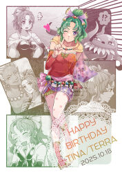  !? 1boy 1girl bead_necklace beads border breasts bridal_gauntlets cape character_name claws closed_eyes dated detached_sleeves dress fang fang_out final_fantasy final_fantasy_vi fingernails floral_print_pantyhose full_body gradient_cape green_eyes hair_bobbles hair_ornament hair_ribbon hand_on_another&#039;s_shoulder hands_on_own_face hands_on_own_hips happy_birthday highres horns jewelry laughing long_hair maduin_(ff6) medium_breasts multiple_views necklace one_eye_closed pacpac_hohho pantyhose parted_bangs pink_cape pointing pointing_up pointy_ears ponytail print_pantyhose purple_ribbon red_dress red_sleeves ribbon sash sharp_fingernails sharp_teeth short_dress sigh strapless strapless_dress sweatdrop teeth terra_branford tube_dress ultros upper_body violet_eyes waist_sash white_border yellow_cape 