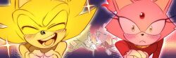  1boy 1girl animal_ears blaze_the_cat blush burning_blaze cat_ears cat_girl cat_tail closed_eyes forehead_jewel gloves pink_fur sonic_(series) sonic_rush sonic_the_hedgehog sparkle super_sonic tail white_gloves yellow_eyes yellow_fur yeonwu08 