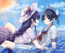  1boy 1girl alternate_costume alternate_universe anger_vein angry annoyed back_peek between_legs blue_eyes blue_hair blue_sky blurry blurry_background bra bra_visible_through_clothes braid chinese_commentary choker closed_mouth clouds cloudy_sky collarbone commentary_request crop_top duplicate expressionless from_side genshin_impact girl_on_top hair_between_eyes hat highres huiyue1016 incest knees_up leaning leaning_forward long_braid long_hair looking_at_another lying lying_on_person mole mole_under_eye mother_and_son on_person on_stomach outdoors pink_lips purple_bra purple_hair purple_shirt purple_skirt raiden_shogun ripples sailor_collar scaramouche_(genshin_impact) see-through_clothes see-through_shirt shade shirt short_hair short_sleeves shorts siblings single_braid skirt sky sun underwear upper_body violet_eyes wanderer_(genshin_impact) water wet wet_clothes wet_hair wet_shirt 