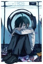  1boy absurdres ahoge black_hair blood blood_splatter blood_stain border brown_eyes choker collared_shirt danganronpa_(series) danganronpa_v3:_killing_harmony english_commentary ff9900 hair_between_eyes highres hugging_own_legs jacket knees_up laundromat laundry light_blush long_sleeves looking_at_viewer lower_eyelashes_only male_focus pants pink_blood pinstripe_pants pinstripe_pattern ringed_eyes saihara_shuichi shirt short_hair sitting skirt solo striped_clothes unworn_choker unworn_clothes unworn_jacket unworn_skirt white_border white_shirt 