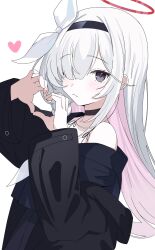  1girl :3 arm_up arms_up bare_shoulders black_choker black_coat black_hairband black_serafuku black_skirt blue_archive bow choker coat colored_inner_hair dot_nose facing_to_the_side grey_eyes hair_over_eyes hairband halo heart heart_hands highres kanimiso30601 light_blush long_sleeves looking_at_viewer multicolored_hair neckerchief pink_hair plana_(blue_archive) pleated_skirt red_halo red_pupils school_uniform serafuku sidelocks simple_background single_off_shoulder skirt solo spoken_heart string undressing white_background white_bow white_hair white_neckerchief 