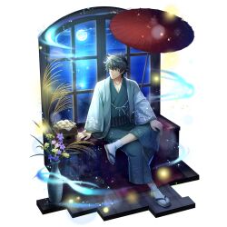  1boy artist_request aura black_hair clouds cloudy_sky collarbone crossed_legs dark_skin flower flower_request food full_body full_moon game_cg green_eyes green_kimono green_sash hair_between_eyes indoors iwatani_naofumi japanese_clothes kimono light_particles long_sleeves looking_to_the_side male_focus messy_hair mochi moon night obijime ocean official_art oil-paper_umbrella purple_flower red_umbrella sandals sash short_hair sidelocks sitting sky solo star_(sky) starry_sky tate_no_yuusha_no_nariagari tate_no_yuusha_no_nariagari_rerise umbrella vase wide_sleeves window wooden_floor yellow_flower zouri 