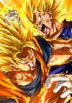  2boys absurdres anger_vein blocking clenched_teeth dougi dragon_ball dragon_ball_z gloves grabbing_another&#039;s_hair highres majin_vegeta multiple_boys muscular muscular_male open_mouth pectorals rz28kp son_goku super_saiyan super_saiyan_2 teeth torn torn_clothes vegeta veins white_gloves 