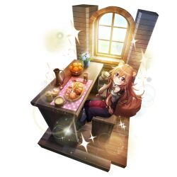  1girl apple_rabbit artist_request black_dress blush brown_hair child closed_mouth collar curry dress eating eyelashes flower flower_request food food_art food_request full_body game_cg grey_dress hair_between_eyes hands_up holding holding_spoon indoors layered_dress light_particles long_hair long_sleeves looking_at_viewer meal medium_dress messy_hair metal_collar metal_hair_tubes metal_wrist_cuffs official_art pink_eyes pinstripe_dress pinstripe_pattern raphtalia red_dress short_sleeves simple_background sitting smile solo sparkle spoon table tate_no_yuusha_no_nariagari tate_no_yuusha_no_nariagari_rerise transparent_background two-tone_dress vase white_flower wooden_cup wooden_floor wooden_spoon wooden_stool wooden_table 