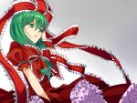  1girl bow colorized dig_(digu16) dress frilled_bow frilled_dress frilled_ribbon frills front_ponytail gradient_background green_eyes green_hair grey_background hair_bow hair_ribbon highres kagiyama_hina puffy_short_sleeves puffy_sleeves red_bow red_dress red_ribbon ribbon short_sleeves solo touhou yet_you 
