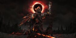  1other arm_up armor burning cape clouds cloudy_sky cowboy_shot dark dark_cloud dark_souls_(series) dark_souls_iii eclipse embers faceless fence fire flayyr forest gwyn_lord_of_cinder helmet highres holding holding_sword holding_weapon looking_to_the_side nature outdoors sky solo sun_behind_head sword weapon wooden_fence 