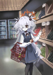  1girl aisle black_pantyhose blue_archive blue_dress brown_eyes brown_ribbon choker collared_shirt commentary_request diagonal-striped_ribbon dress eyeball_hair_ornament food grey_hair groceries hair_ornament hair_over_one_eye halo highres holding holding_food holding_vegetable indoors kanoe_(blue_archive) long_hair long_sleeves onion orange_halo pantyhose pinafore_dress protectload ribbon shelf shirt shopping shopping_basket sleeveless sleeveless_dress solo supermarket two_side_up vegetable very_long_hair white_shirt 